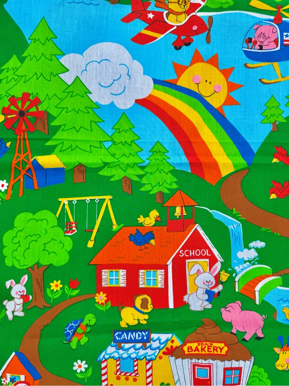 Vintage RAINBOW NOVELTY FABRIC 2.7 Yards Animal City Village Pop Art 1980s 1990s
